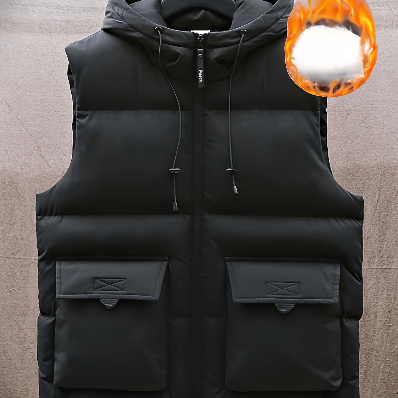 Men's Winter Hooded Vest with Thick Fleece-Lining, Multiple Pockets, Stand Collar, and Zipper Closure for Outdoor Wear.