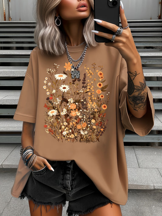 Plus size floral print t-shirt with round neck and short sleeves, vintage vacation style made of polyester knit fabric for spring/summer outdoor wear.