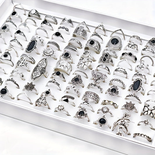 Assorted set of Yicen Vintage Boho Style Rings, featuring 30/50/100 pieces. Made from Silver Plated Alloy, these Fashion Stacking Rings are perfect for everyday wear or gifting. Each ring comes in a random size between 15mm-19mm, showcasing Bohemian