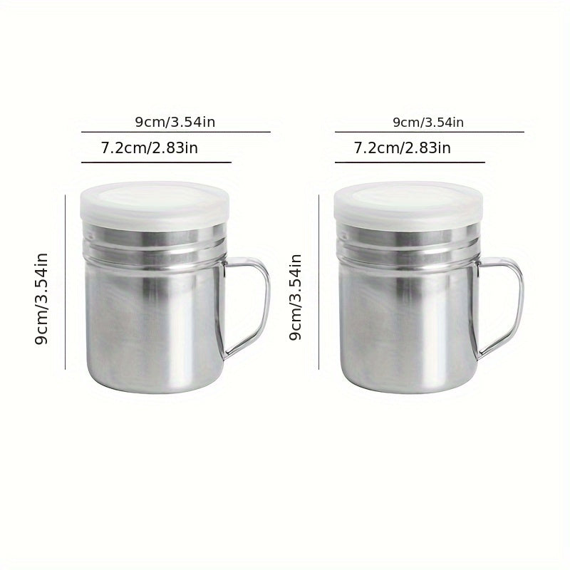 Durable stainless steel seasoning jar with handle perfect for BBQ spice, pepper, and sesame powder. Ideal for home, restaurant, or café use. Modern design and practical spice container.