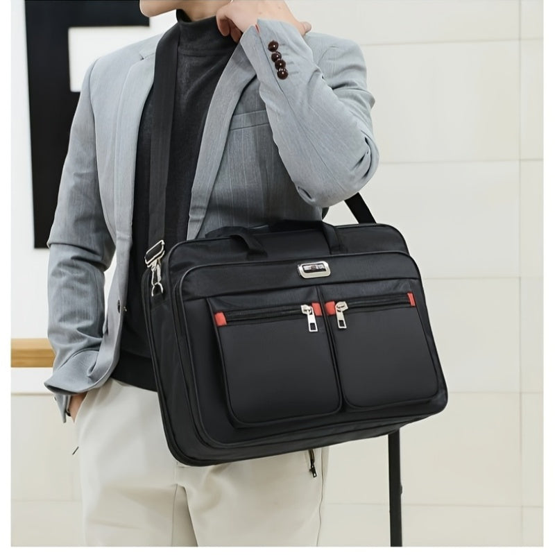 Men's multi-functional business briefcase with casual satchel & crossbody options, large capacity, durable fabric material with polyester lining, multiple pockets for business & casual use