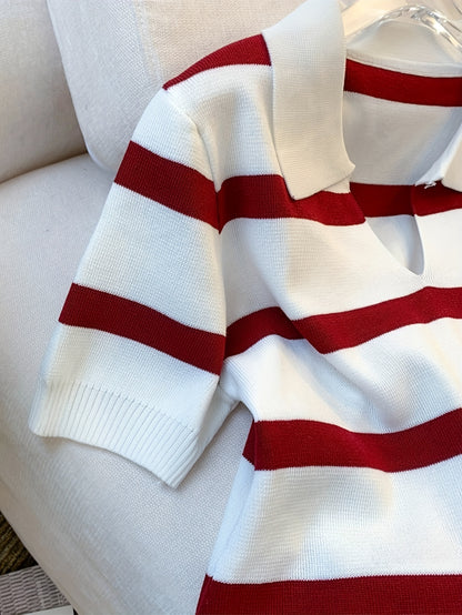 New European and American knit top with color-blocking stripes and turnover collar for spring/summer fashion