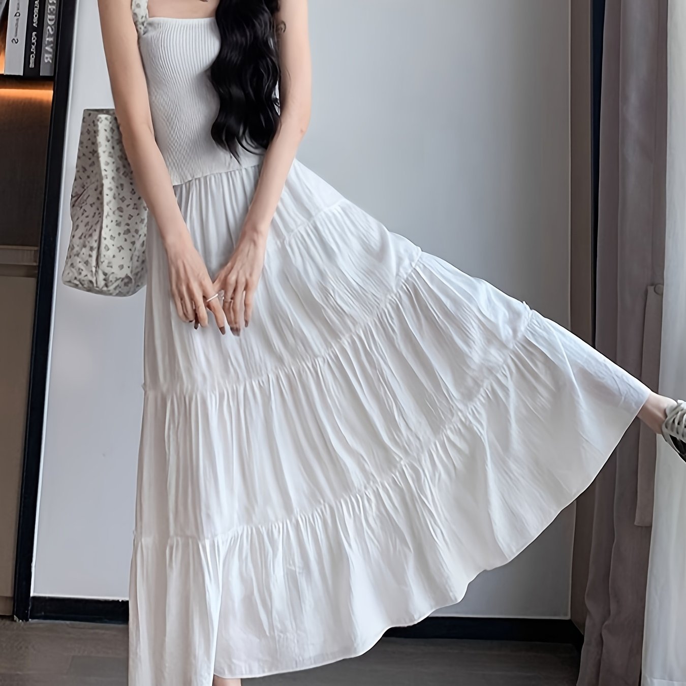 Stylish white French long skirt with elastic waistband, slimming A-line design, non-transparent lining, perfect for women.