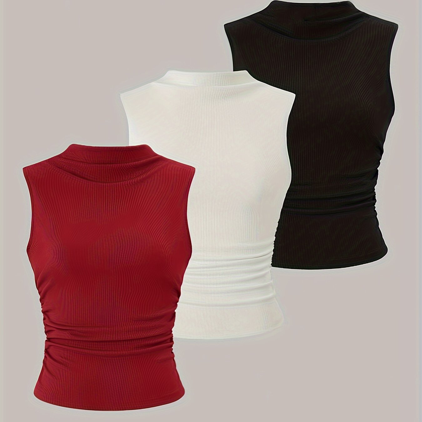 Sleeveless mock neck tank top features chic ruched design, stretchy polyester blend, machine washable - versatile slim vest for all seasons.