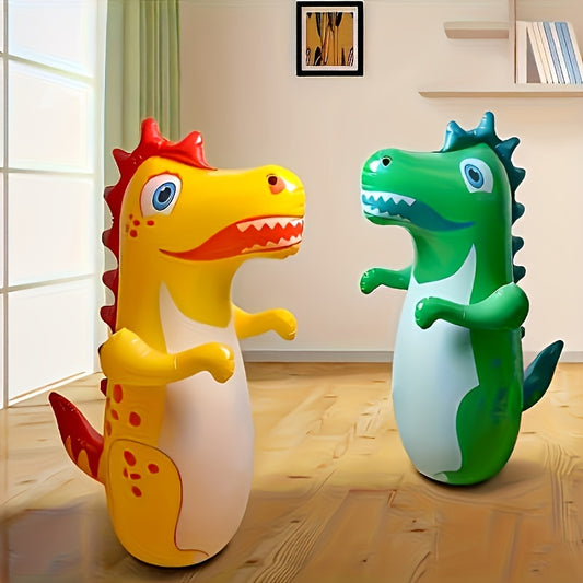 Colorful inflatable dinosaur punching bag for kids ages 3-6. Made of durable PVC in pink, green, and yellow colors. Perfect for outdoor fun and exercise.