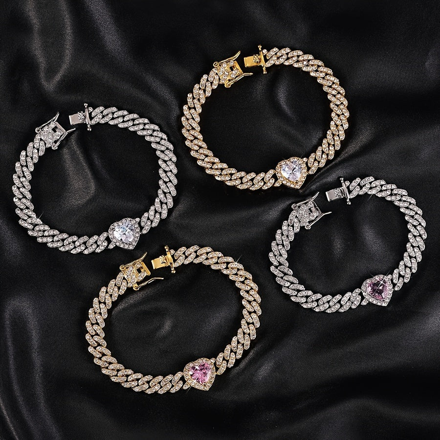 Elevate your style with this 8-inch Elegant Hip-Hop Cuban Chain Bracelet featuring a Rhinestone Heart Charm and Synthetic Gemstone Accents. Perfect for both men and women, this luxurious piece of jewelry is a fashionable choice for everyday wear or as a