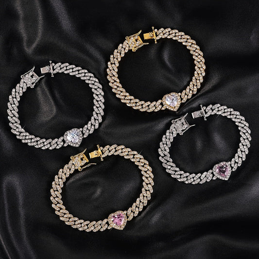 Elevate your style with this 8-inch Elegant Hip-Hop Cuban Chain Bracelet featuring a Rhinestone Heart Charm and Synthetic Gemstone Accents. Perfect for both men and women, this luxurious piece of jewelry is a fashionable choice for everyday wear or as a