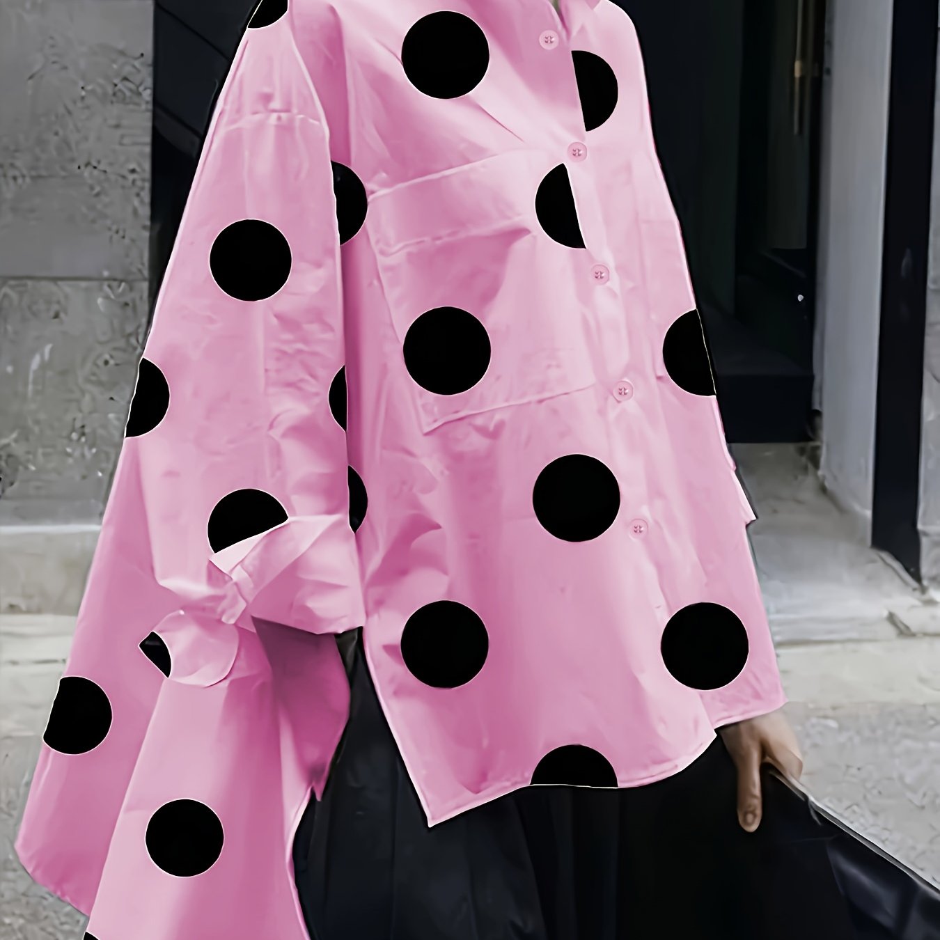 Women's Pink Polka Dot Long Sleeve Shirt with Side Slit and Lapel Collar - Casual Polyester Blend, All-Season Apparel, Button-Up, Glossy Fabric.