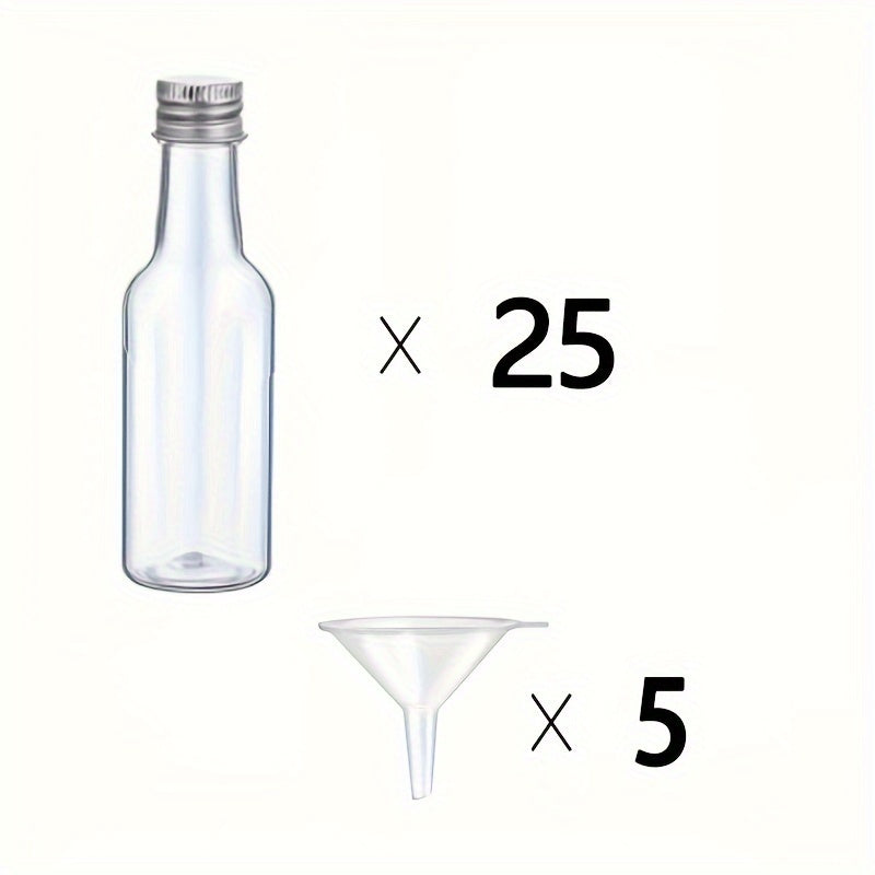 Choose from sets of 25, 50, or 100 mini liquor plastic bottles with lids and funnels, each holding 1.7oz/50ml. These compact, reusable, and leak-proof containers are perfect for cocktail parties, weddings, and gift baskets. Includes bottles for ginger