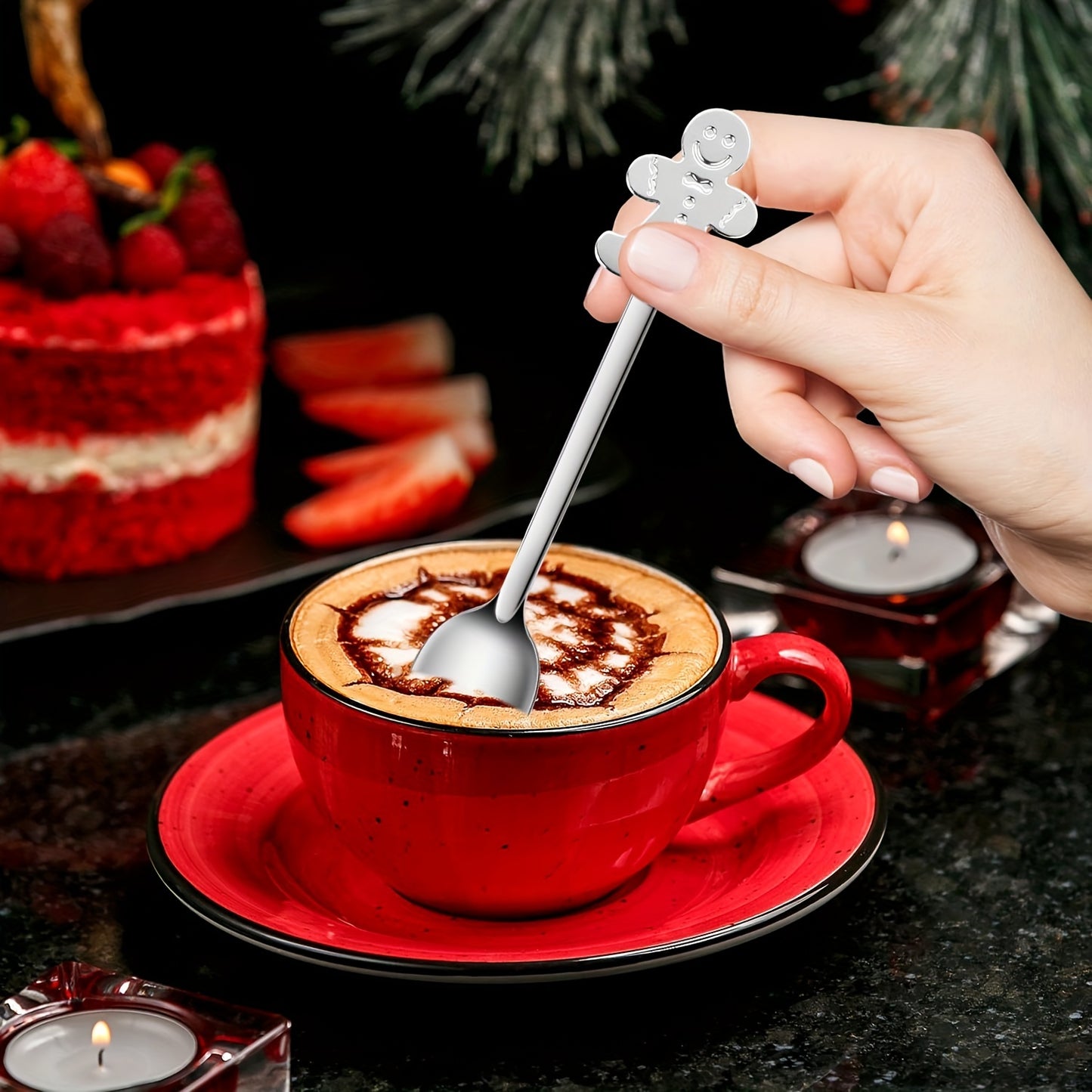 8-piece stainless steel mini spoon set with festive holiday designs for tea, coffee, desserts, and ice cream, perfect for use at home, restaurants, food trucks, cafes.