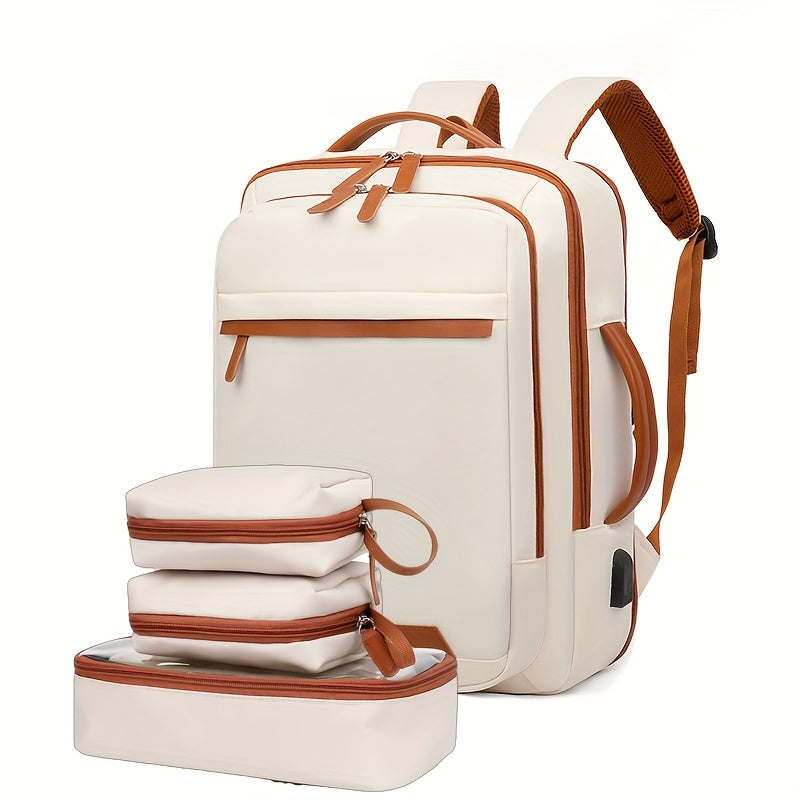 Expandable outdoor backpack with laptop compartment, wet/dry separation, ideal for students, business travel, and carry-on use.