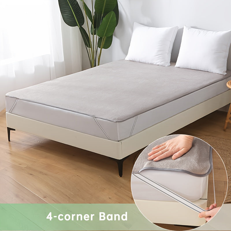 Waterproof mattress topper cover in grey/white color made of 100% polyester. Knitted fabric that is machine washable with a pull-on closure. Straps are included for a secure fit on single/double beds. Does not include a pillowcase.