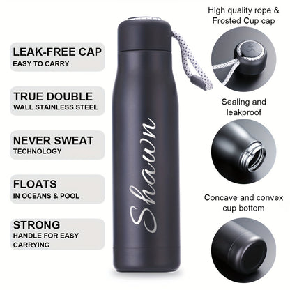 Personalized thermos bottle with laser-engraved text on stainless steel featuring rope design.