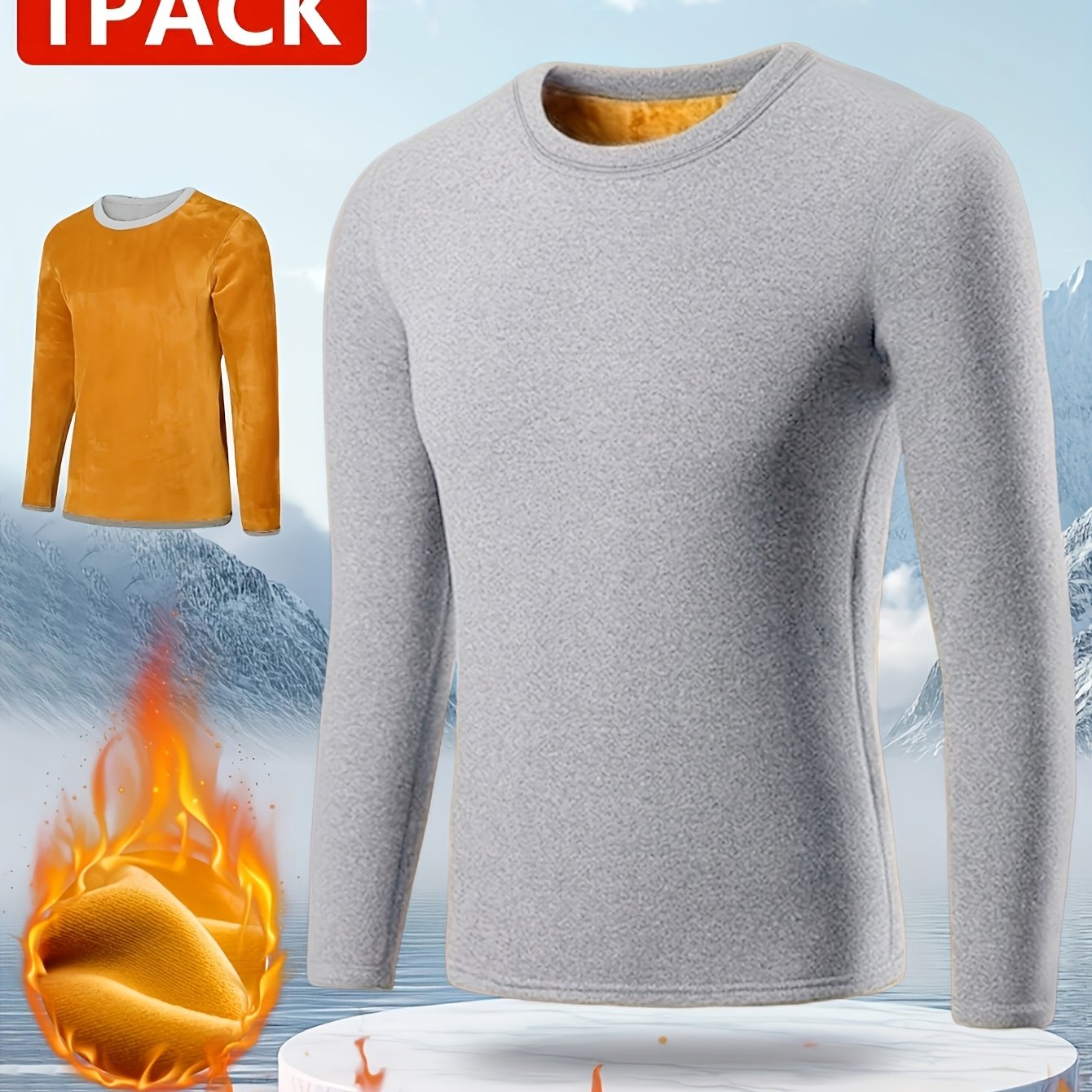 Men's Winter Warmth Top in golden velvet, slim fit with crew neck. Ideal for outdoor activities like cycling and hiking. Made of 95% polyester and 5% spandex with medium stretch knit