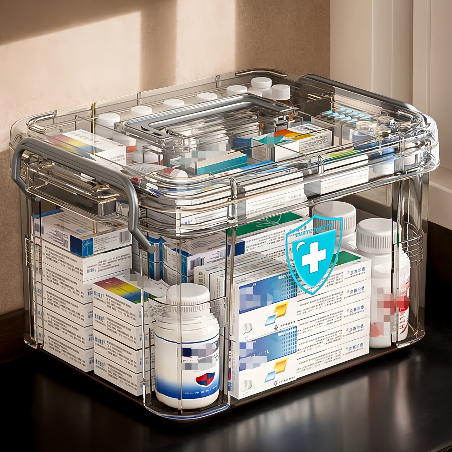 Waterproof double-layer medicine organizer for home first aid supplies.