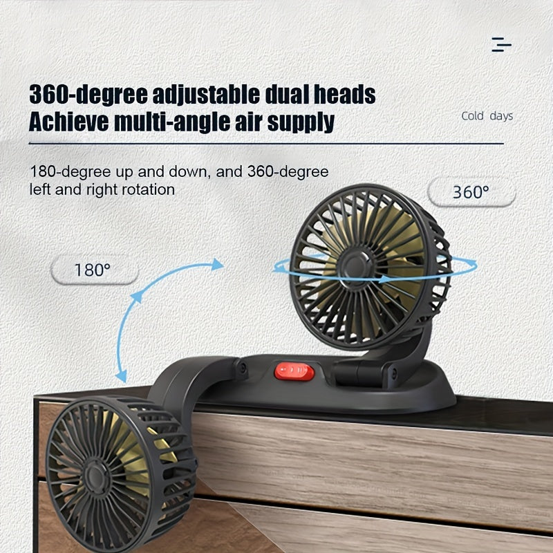 EAFC Dual-Head Car Fan with 360° Adjustable Design - USB & Cigarette Lighter Powered, 2 Speeds, Compact & Easy to Clean, Ideal for Cars, Trucks, SUVs - Black, Portable Fan