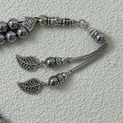 Vintage Ethnic Style Tree Leaf Spike with 33 8mm Hematite Beads, Muslim Prayer Beads Middle Eastern Prayer Beads. Natural stone may contain iron and have imperfections on the surface.