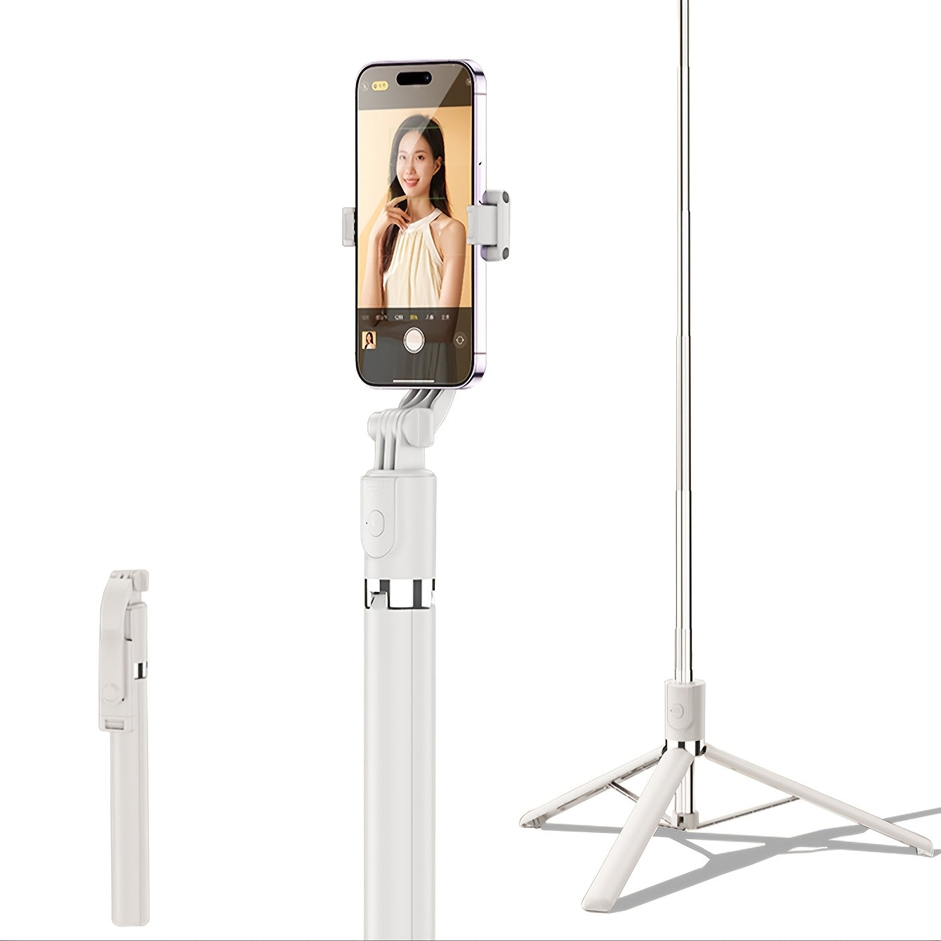 Extendable wireless selfie stick with remote, foldable phone tripod for smartphones with non-rechargeable button battery.