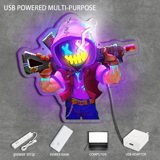 Neon Marksman LED wall art with UV printing, ideal for game studios, bars, and bedrooms, powered by USB.