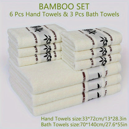 Bamboo Bliss 9 dona sochiq to'plami - 70% bambuk tolasi, 30% paxta, yumshoq va tez quriydigan, 6 ta qo'l sochiq va 3 ta hammom sochiqni o'z ichiga oladi, tikilgan, hammom va sport zaliga mo'ljallangan, yuvish matolari.