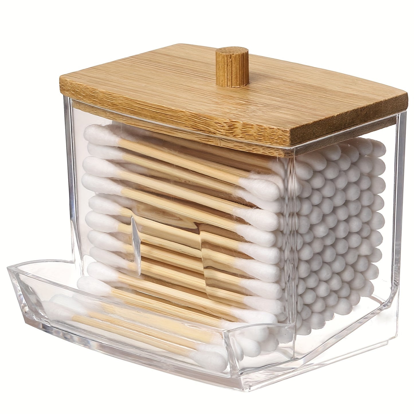 Clear acrylic swab holders with wooden lids for dust-proof storage of swabs, jewelry, powder puffs, beauty eggs. Can be used for household organization on dresser, desktop, or in bathroom, dorm room.