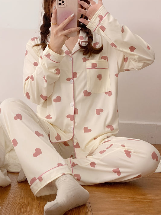 Women's Valentine's Day Heart Pattern Pajama Set - Cozy Polyester, Long Sleeve Top & Elastic Waist Pants, Ideal for Spring/Fall