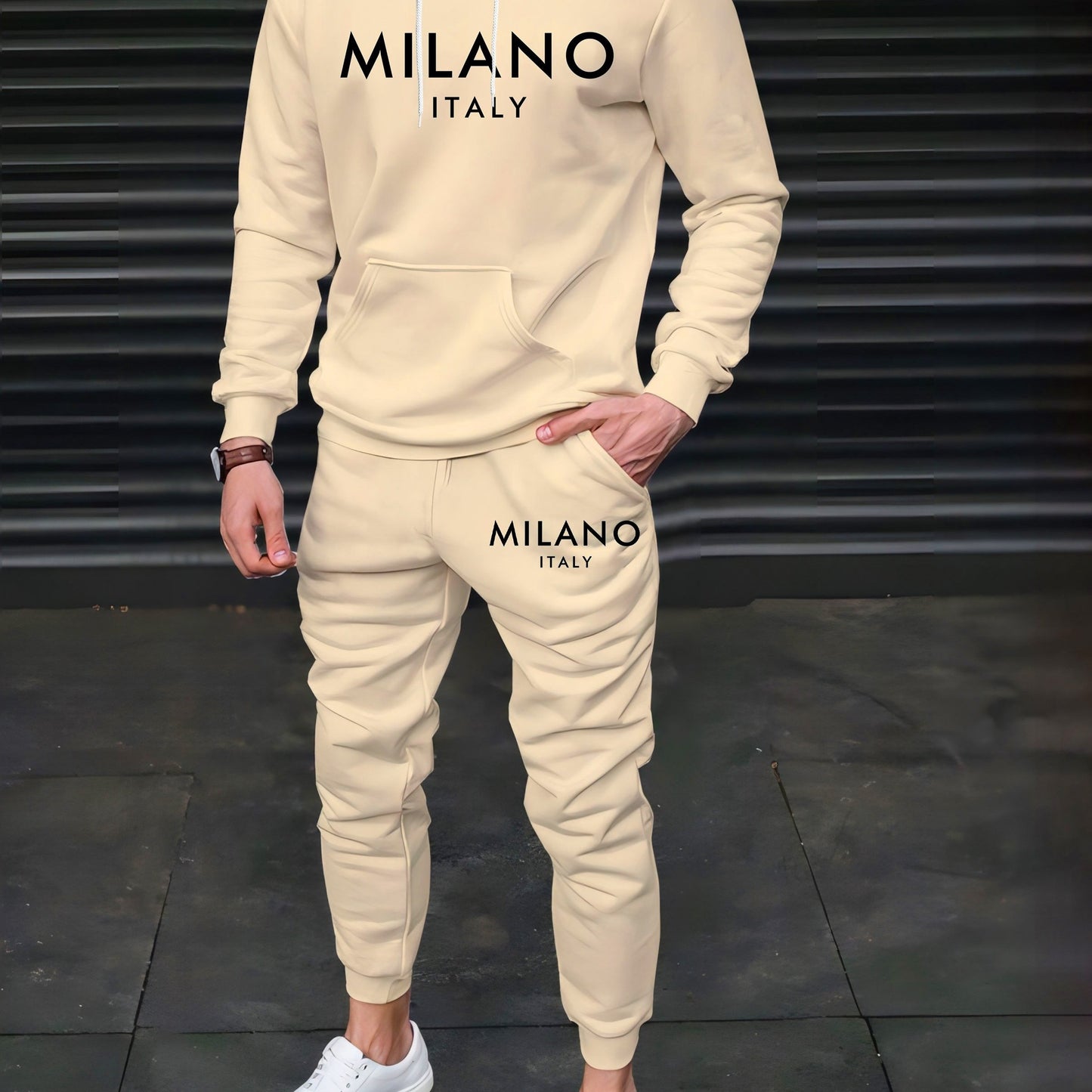 Men's casual beige hoodie set featuring stylish sports premium letter design, printed in 3D.