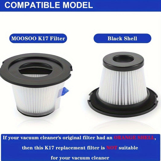 Compatible with MOOSOO K17 Cordless Vacuum, ORFELD V20, A18 NEQUARE 18Kpa, this replacement filter set includes 6 HEPA filters and 6 strainer screens. Please note that these filters are not compatible with the Mossoo K17 Pro model.