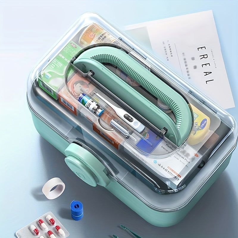 Portable first aid kit with pill organizers for large family medicine storage crafted from durable plastic for home organization.