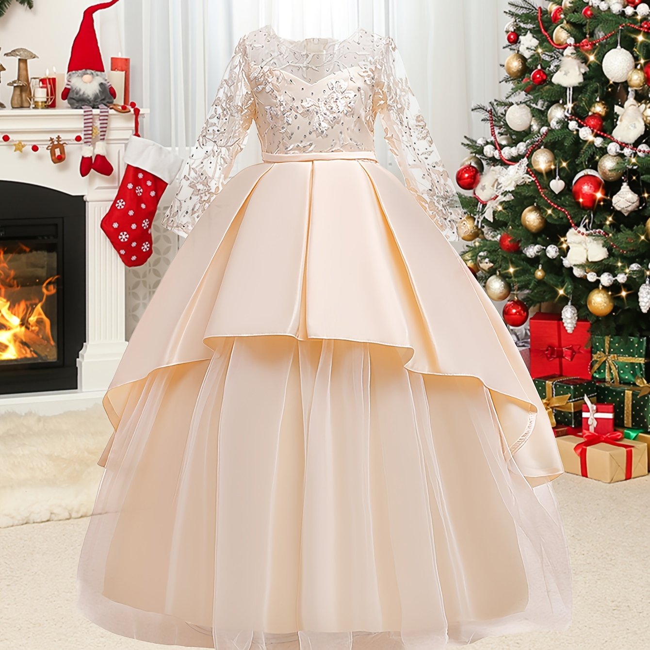 Stylish long sleeve tulle wedding dress with crew neck, polyester viscose fabric, and bow detail. All-season fit and flare costume for a princess-like look.