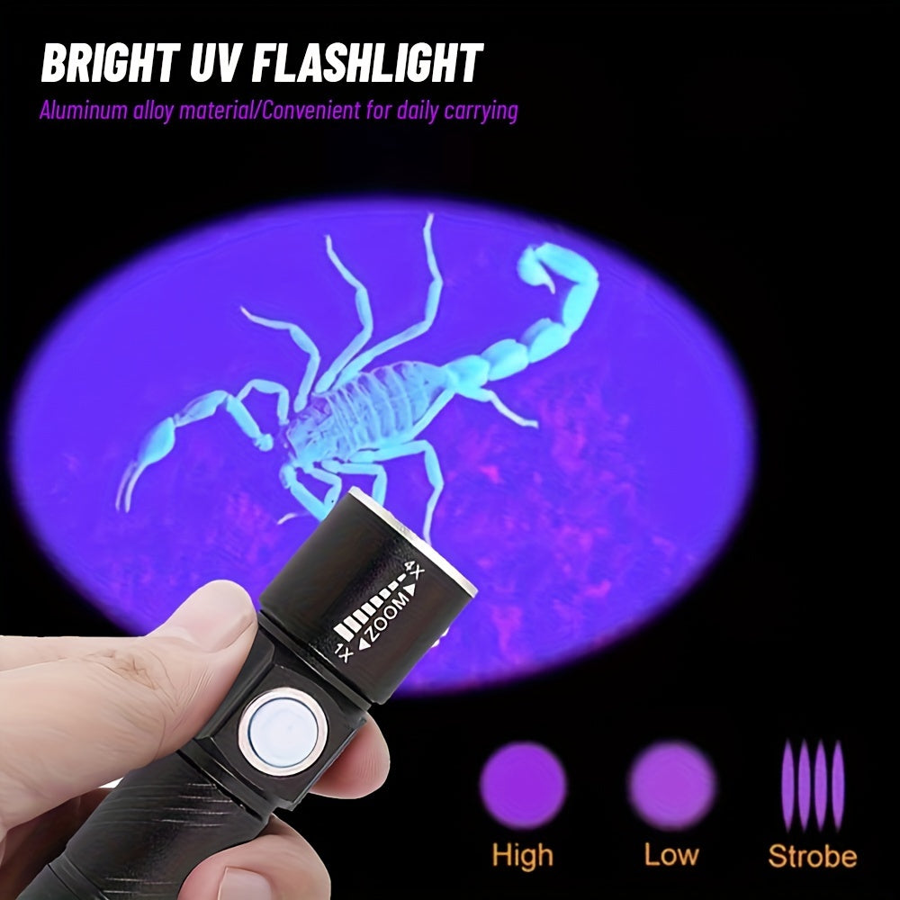 1pc Rechargeable UV flashlight for detecting pet urine stains, curing resin, and hunting scorpions.