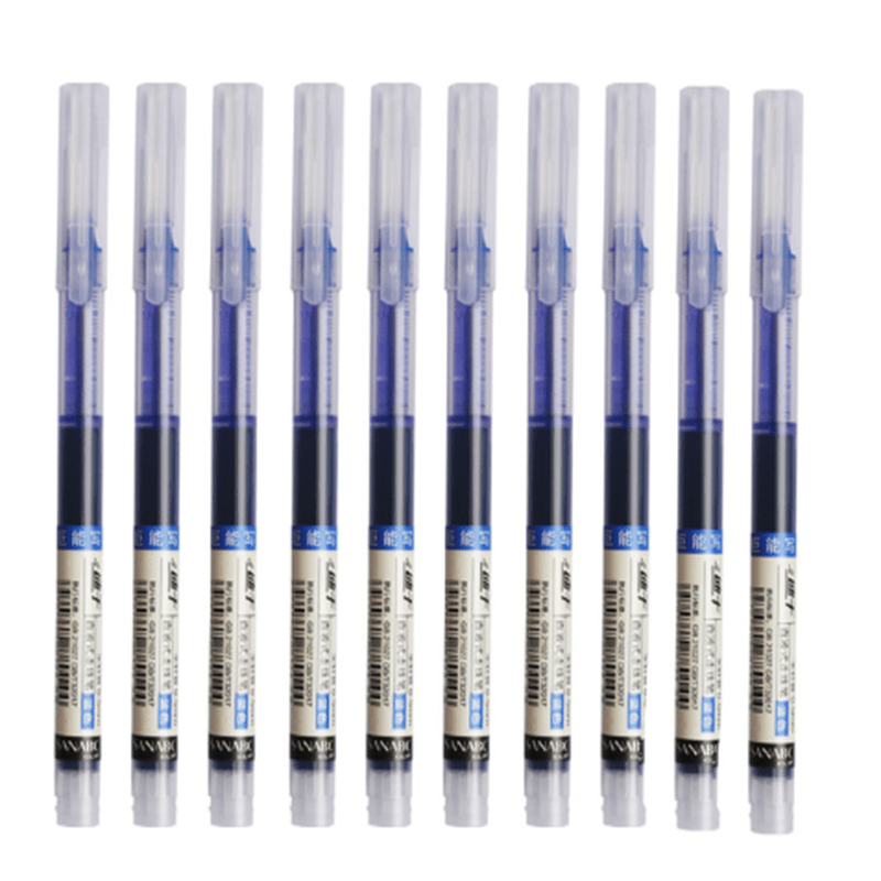 10 gel pens with blue quick-drying ink in liquid and gel formats. Suitable for school, office, and stationery stores. Made of plastic with snap cap closure, round body, and extra fine