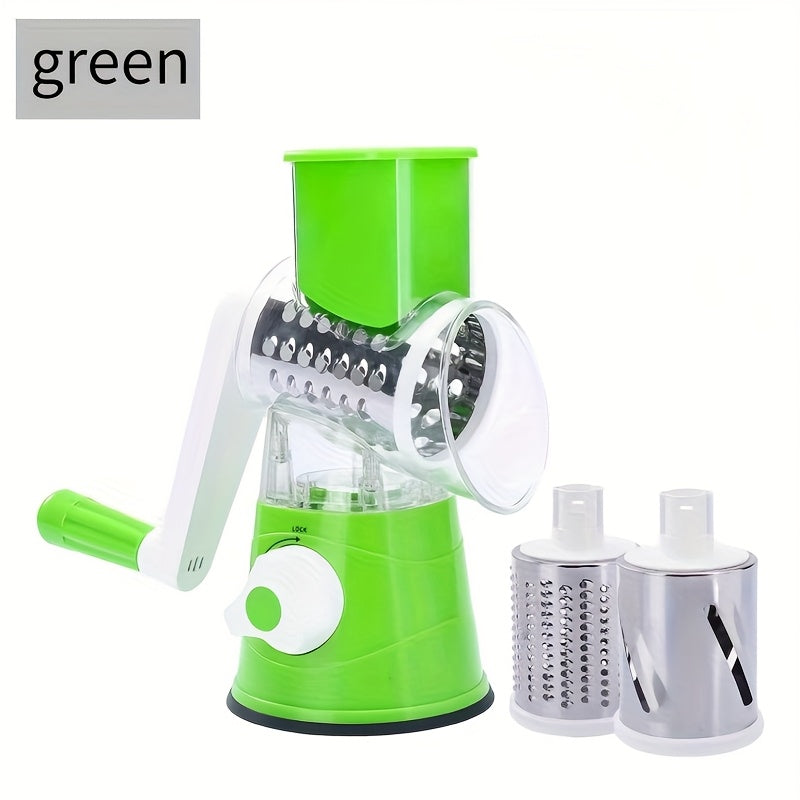 Rotary Drum Vegetable Cutter with Multiple Blades for Cutting, Grating, Peeling, Shredding, Slicing, Dicing Vegetables and Fruits. Made from Plastic, a Handy Kitchen Tool.