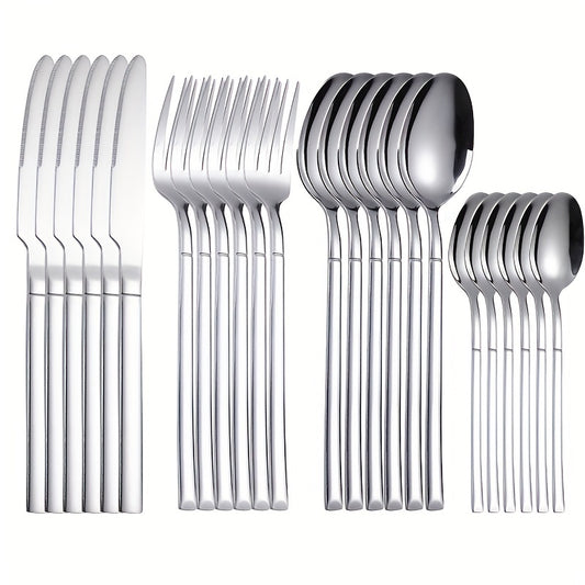 24-piece stainless steel knife, fork, and spoon set, including steak knives. Safe for dishwasher. Ideal for home kitchen.