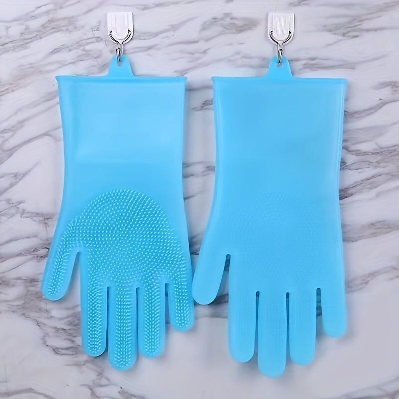 Best-Selling: Set of 2 pink and blue dishwashing gloves for household chores, kitchen use. Made of durable silicone rubber Faux Leather, these gloves are waterproof and perfect for washing clothes, vegetables, and dishes. They are a must-have cleaning