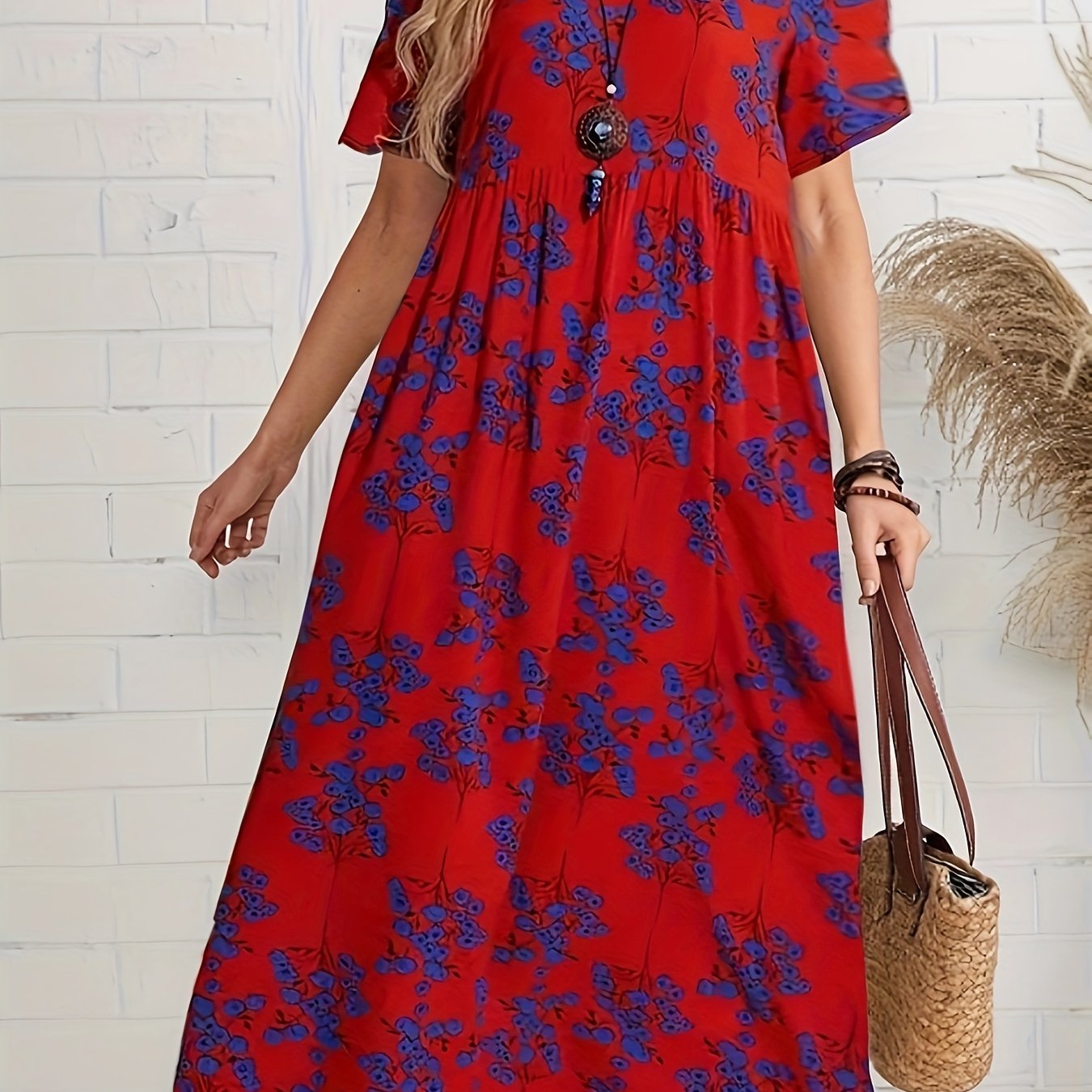 Polyester A-Line midi dress with floral print and drop shoulder sleeves, ideal for spring/summer/fall.