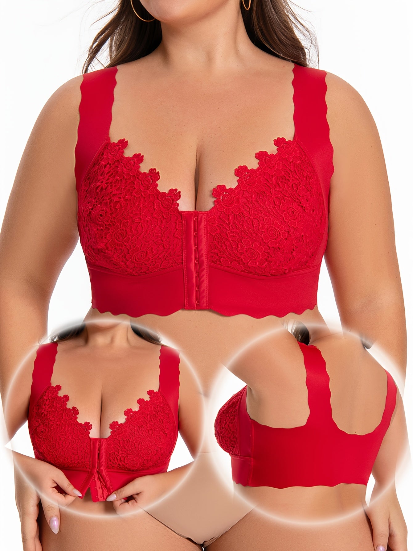 QVR Women's Plus Size Lace Bra, Polyamide and Elastane blend, Wireless with Lace Detail.