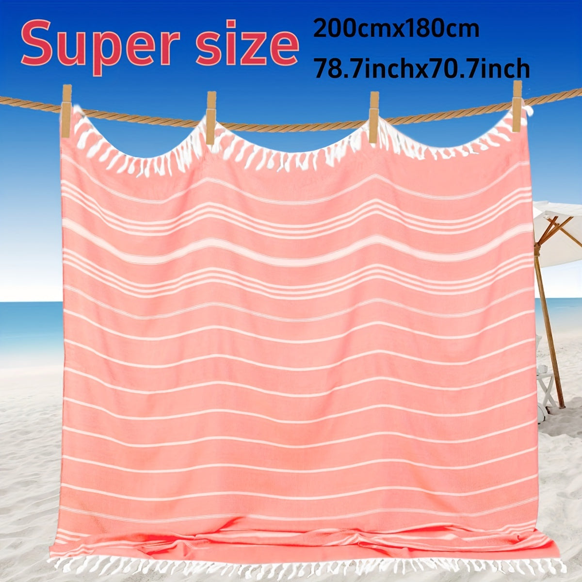 Large Turkish beach towel made of 100% cotton with modern striped woven pattern and space theme. Low linting, quick-dry, sand-free, and compact design for men and women. Perfect gift for outdoor use.