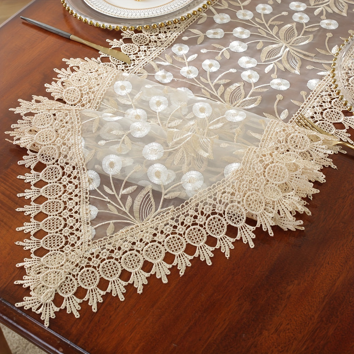 Polyester, White embroidered organza table runner for holiday, home, dining, room, or wedding decoration.