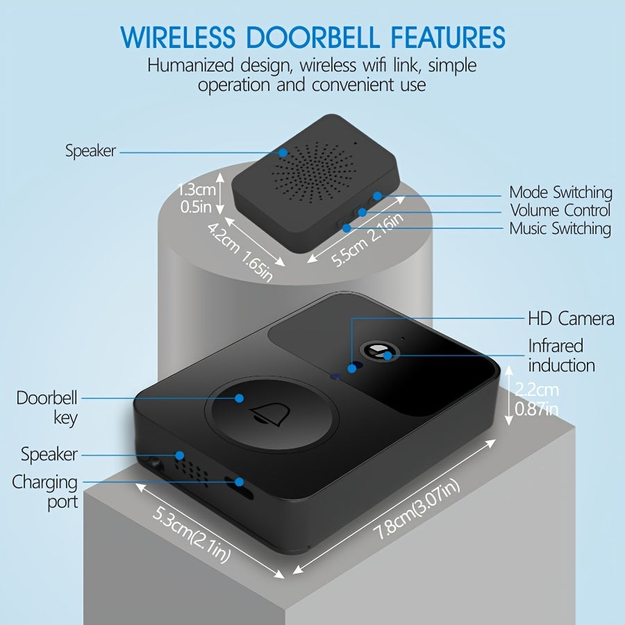 Cutting-edge wireless doorbell camera with advanced features such as voice intercom, night vision, multiple chime melodies, Wi-Fi connection, and app monitoring for enhanced home security.