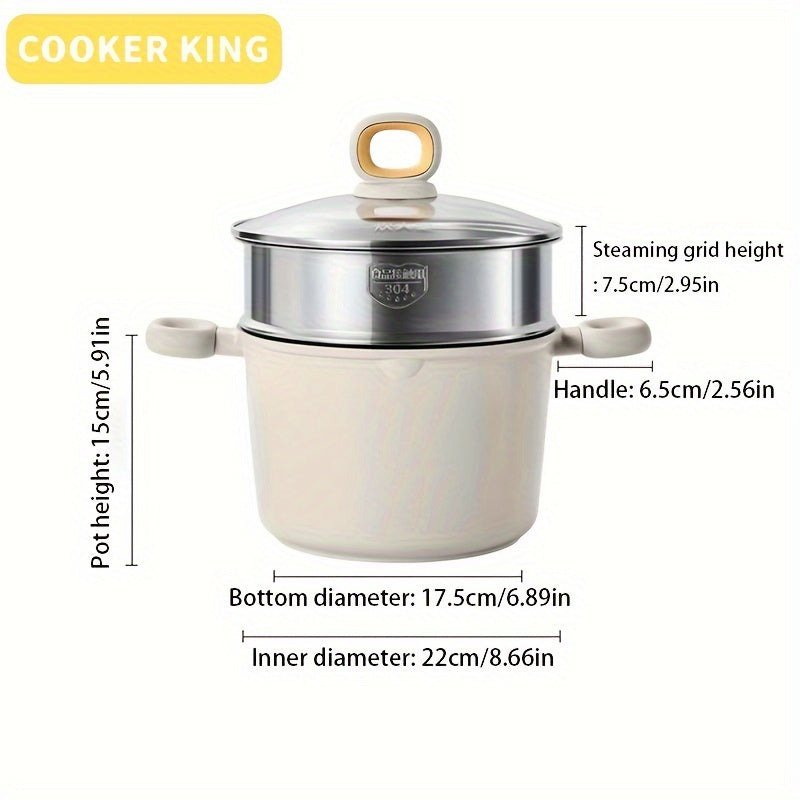 COOKER KING 22.1cm Saucepan with Steamer - Nonstick Titanium & Ceramic Coating, Extra High Sided, 5L Capacity, PFAS-Free, Wooden Handle for Safe Grip, Compatible with Gas, Electric, and Induction Cooktops - Green Color, by COOKER KING