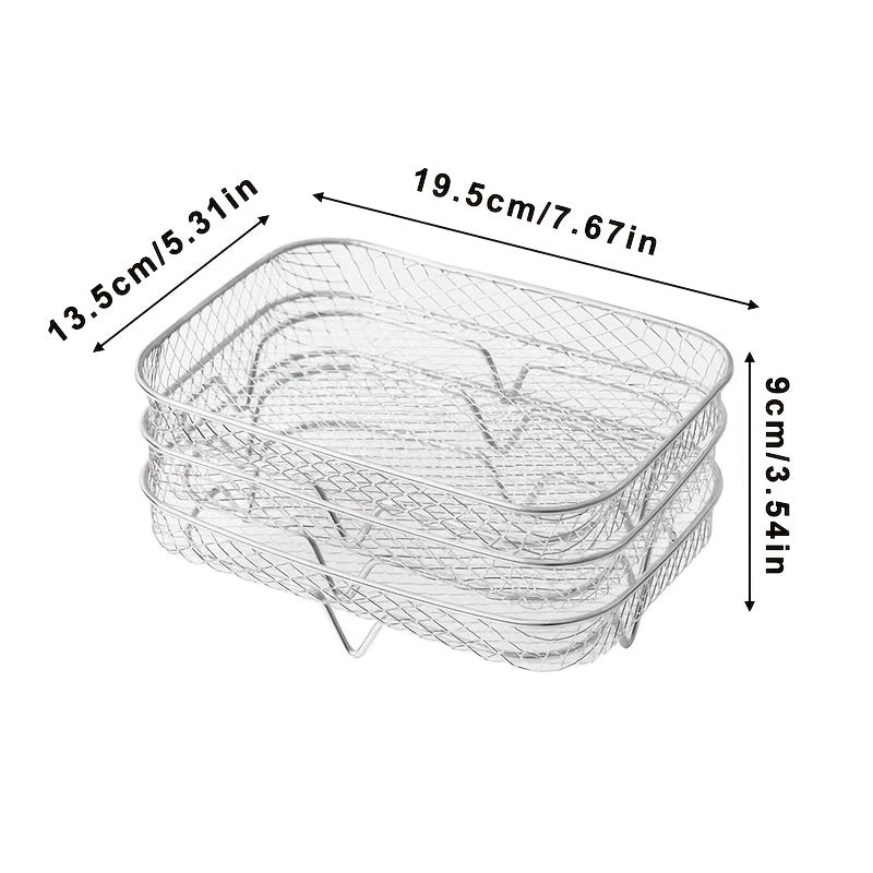 Stainless Steel Air Fryer Accessory Set includes three pieces - Multifunctional Rectangular Rack, Microwave Safe, Stackable, and Non-Stick Coating. Compatible with Most Air Fryers, also includes Air Fryer Liners.