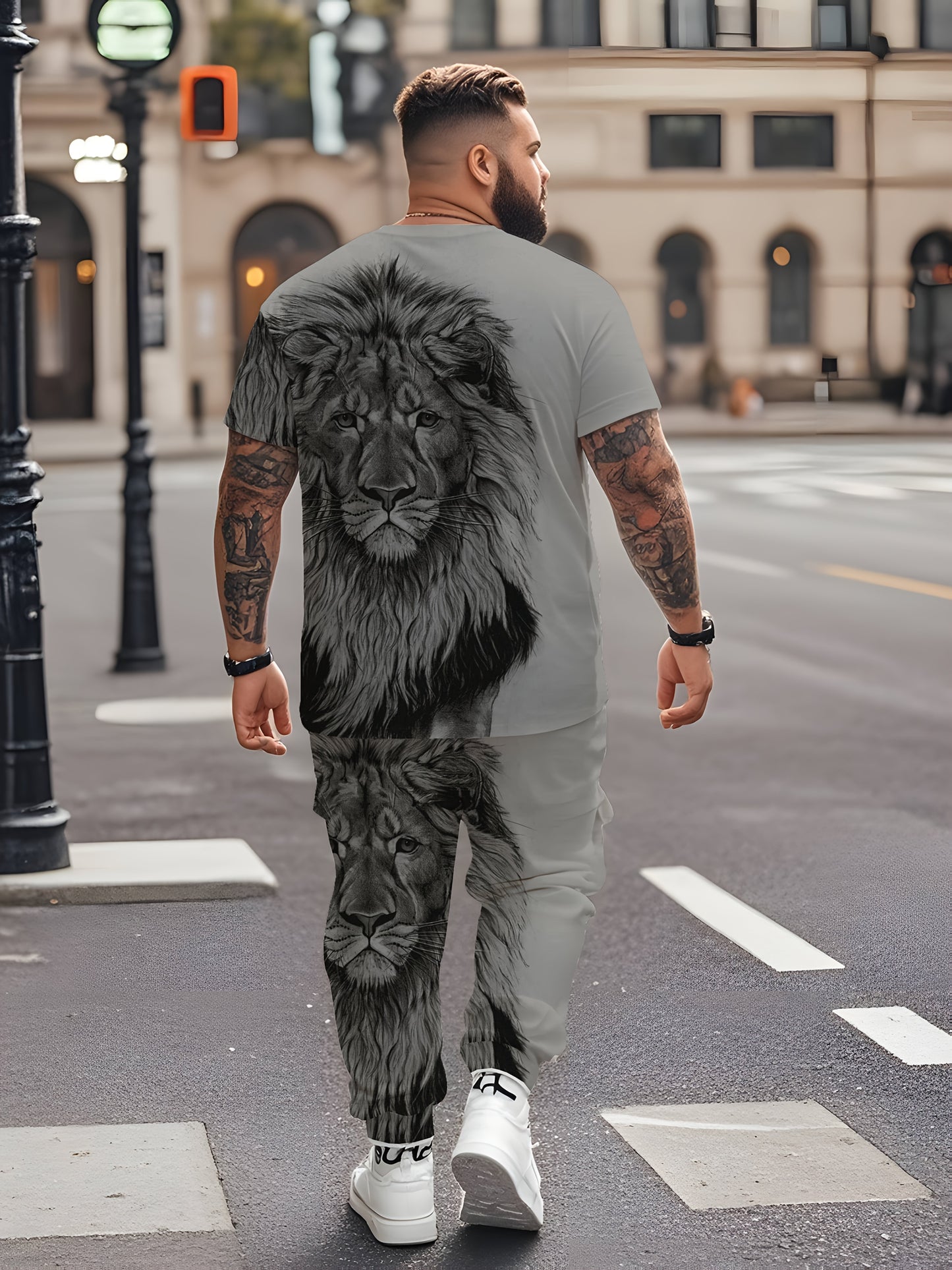 Men's plus size lion print outfit includes a short sleeve t-shirt and sweatpants set for casual wear in summer. Made with knit fabric, it has a crew neck and slight stretch, crafted from a