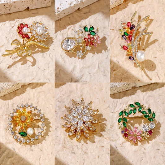 Vintage-inspired floral lapel pin with sparkling zirconia, perfect for women to add a touch of luxury and elegance to scarves and clothing.