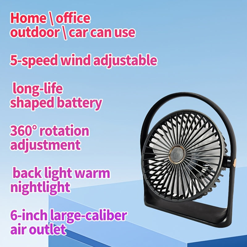 Compact LED table fan featuring a backlight, 6-inch size perfect for personal use. Rechargeable via USB with a long-lasting 1200mAh lithium battery for quiet operation. Great for office, fishing, camping, and travel. Makes an ideal gift for Father's Day