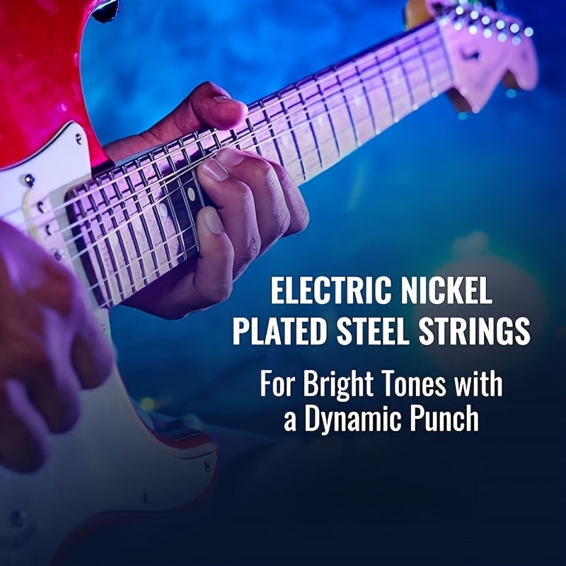 Six high-quality electric guitar strings made of nickel-plated steel, providing a long-lasting bright tone and comfortable feel.