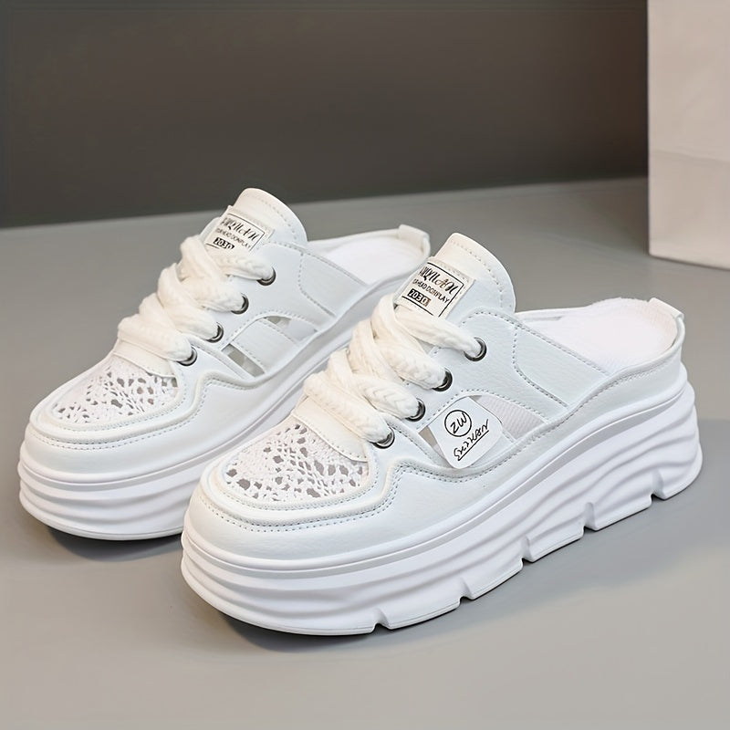 Women's breathable platform mule sneakers with cutout design, lace-up closure, and comfort for summer wear.