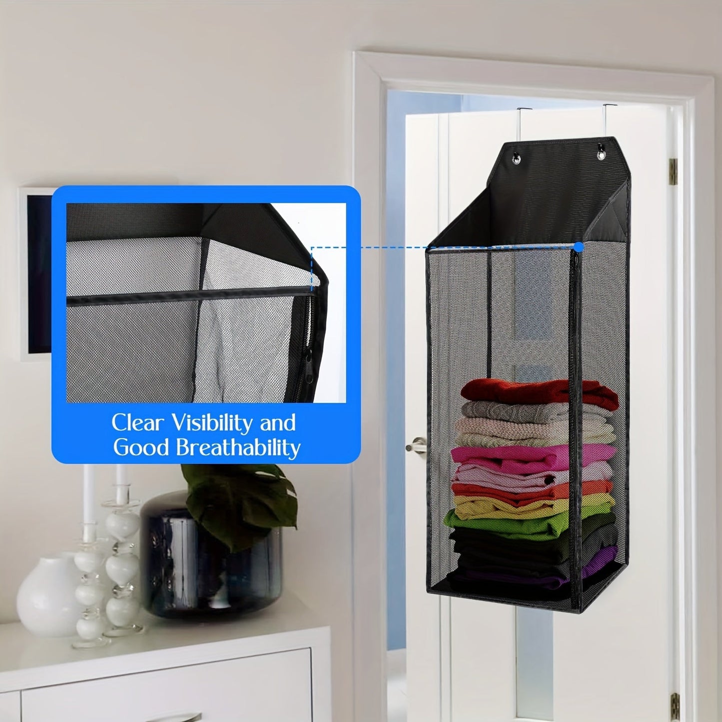 Foldable hanging laundry hamper with hooks, zipper, and large mesh design - ideal for bathrooms, dorms, and small spaces. Convenient wall-mounted storage basket for dirty clothes. Ideal for laundry organization.