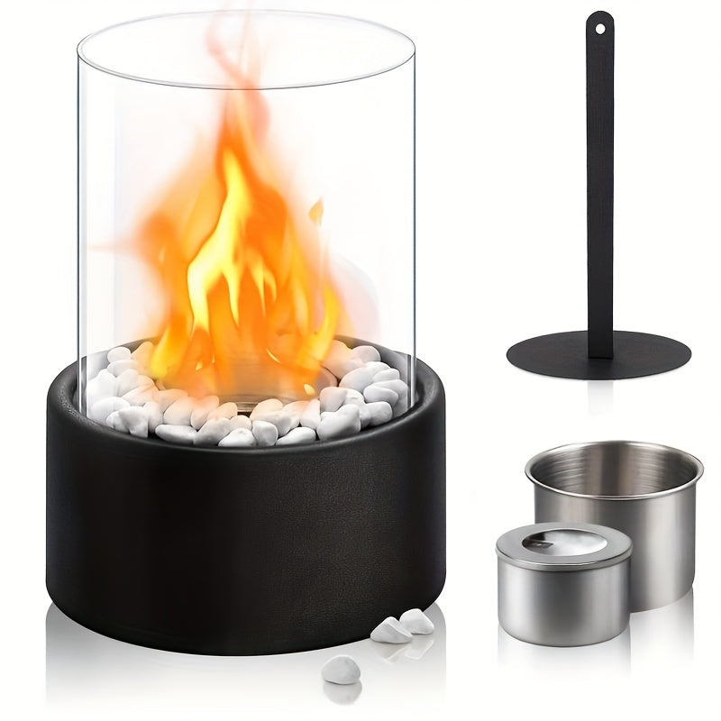 Portable tabletop fireplace made of durable stainless steel featuring white stones and windproof glass. Suitable for indoor and outdoor use, this ethanol fire pit does not require electricity.