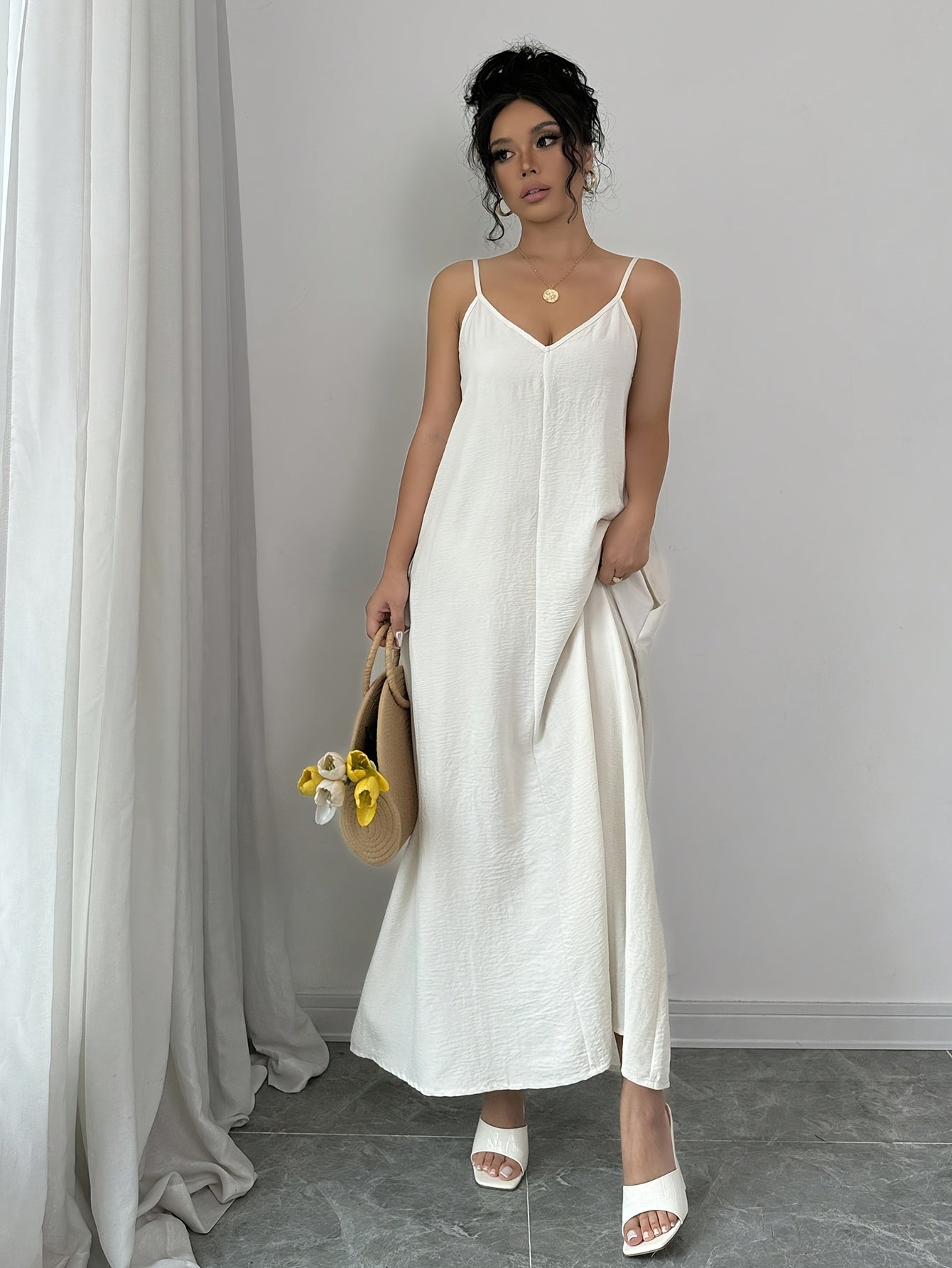 White V-Neck Maxi Dress, Solid Color Slip Dress.